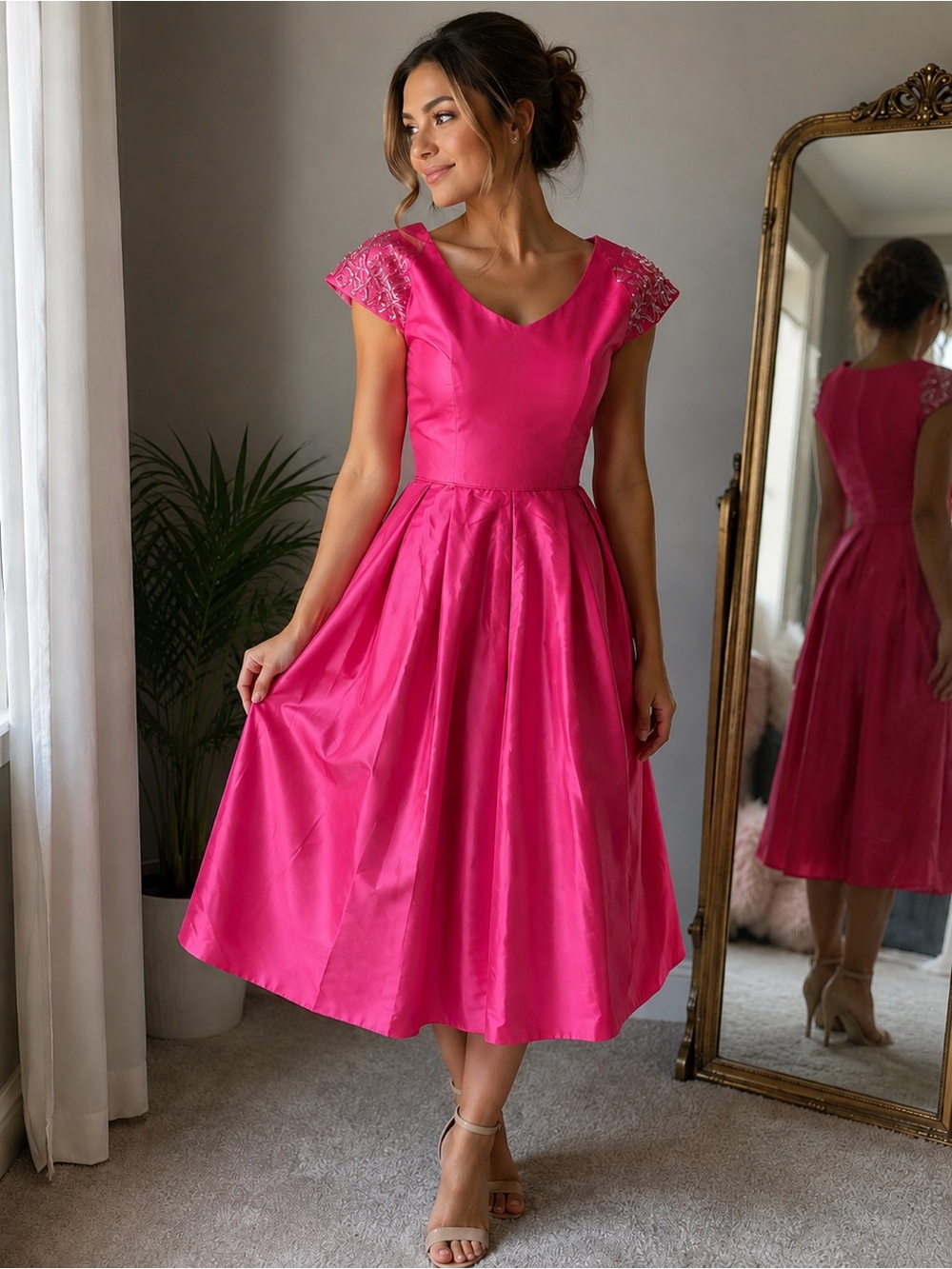 Vintage Emma Domb California Fuchsia Satin Formal Gown Beaded Cap Sleeve ILGWU